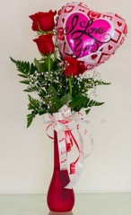 This classic bud vase arrangement features 3 roses with greenery, accent blooms and  small mylar balloon/chocolate for the ocassion