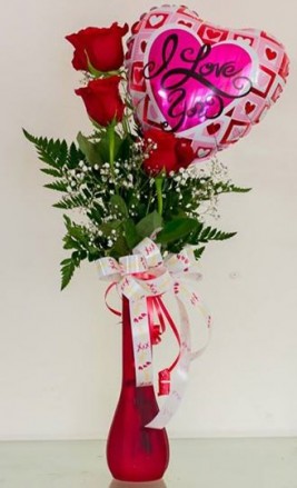 This classic bud vase arrangement features 3 roses with greenery, accent blooms and  small mylar balloon/chocolate for the ocassion